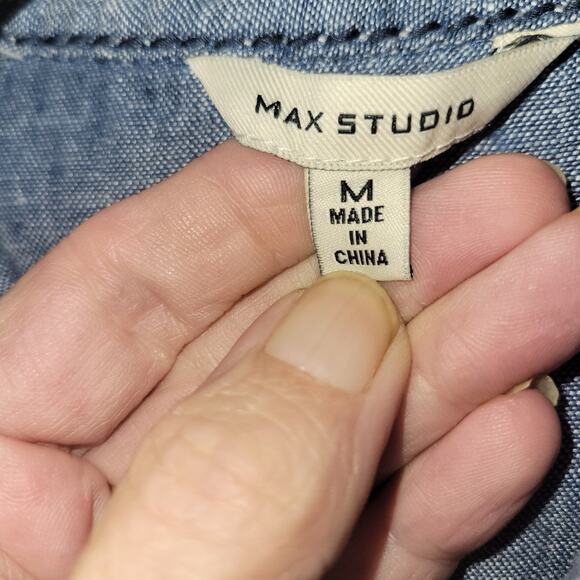 Signature Studio Medium Blue Chambray Short Sleeve Dress Lace Up Pockets - Picture 4 of 10